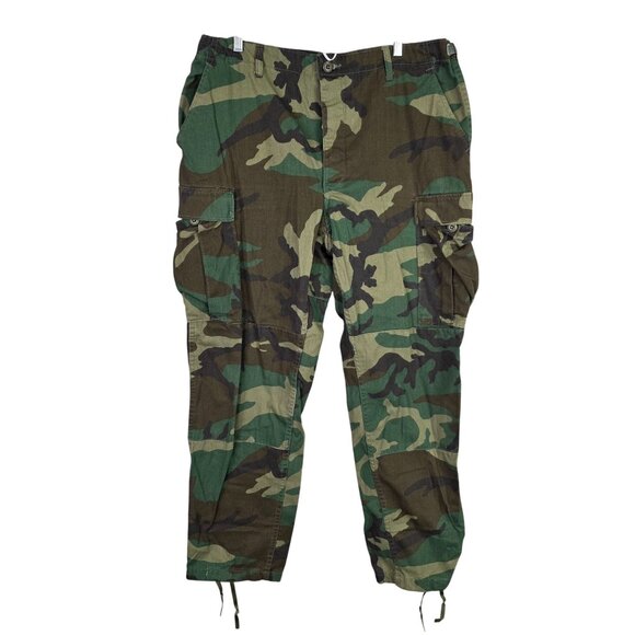Mens Green Camo Cargo Pants Cotton Blend Adjustable Waist Drawstring Hem Size L